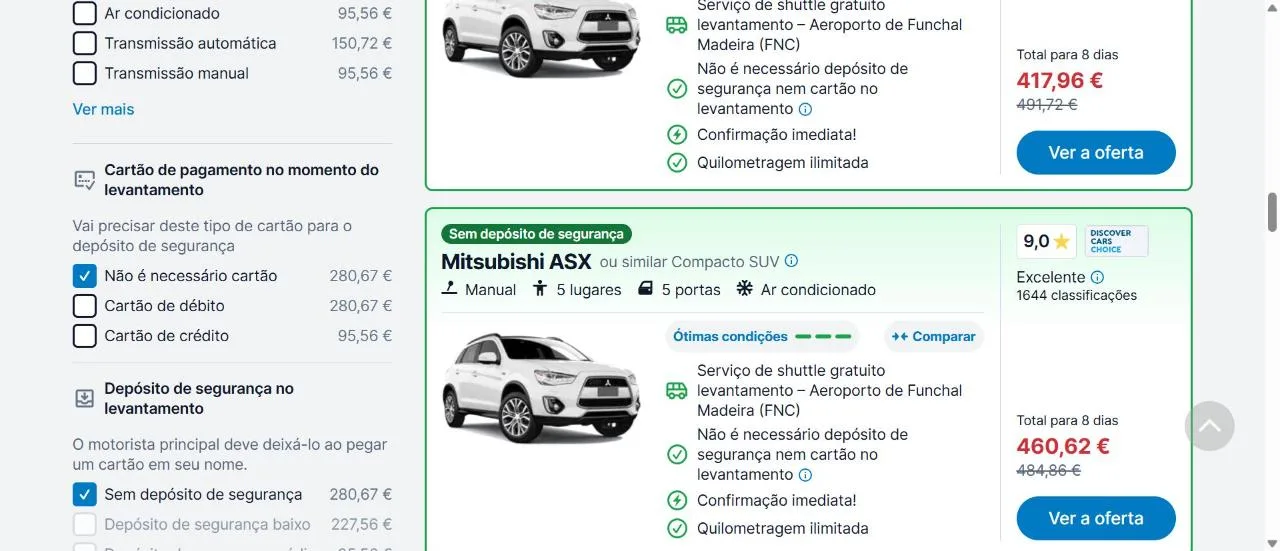 Resultados da DiscoverCars no Aeroporto da Madeira com os filtros «Não é necessário cartão» e «Sem depósito de segurança» ativos