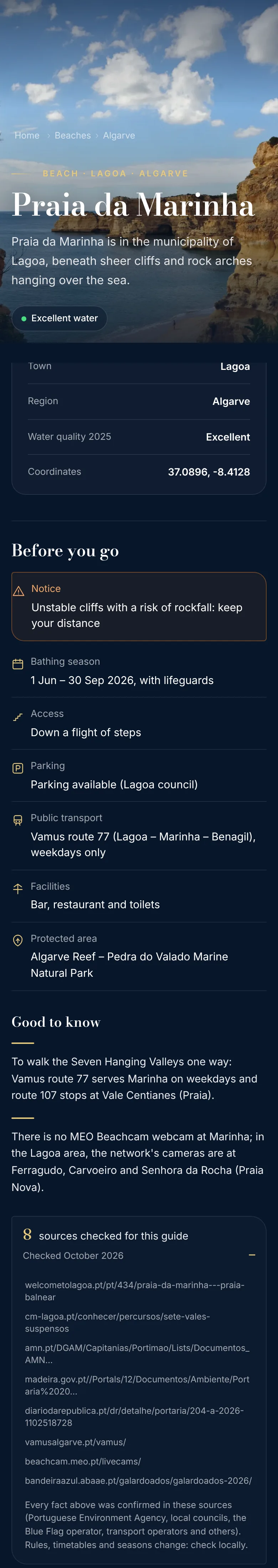 Real screenshot of the Praia da Marinha page on a phone: top of the page and the Before you go section, with sources