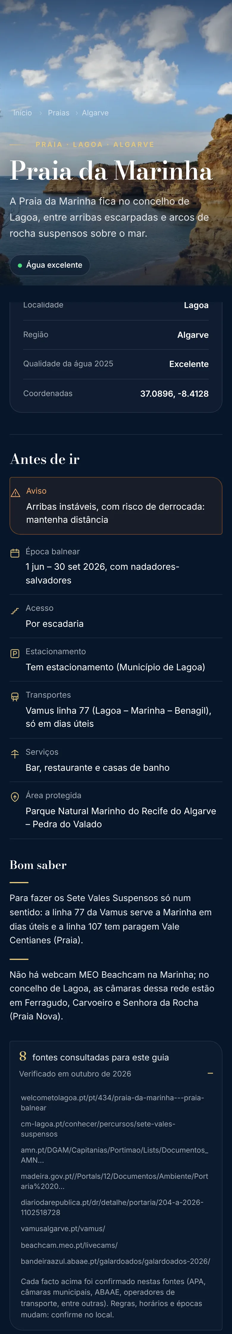 Captura real da ficha da Praia da Marinha no telemóvel: topo da página e secção Antes de ir, com as fontes